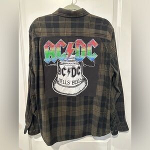 AC/DC hells bells tshirt Upcycled flannel shirt L or pick size